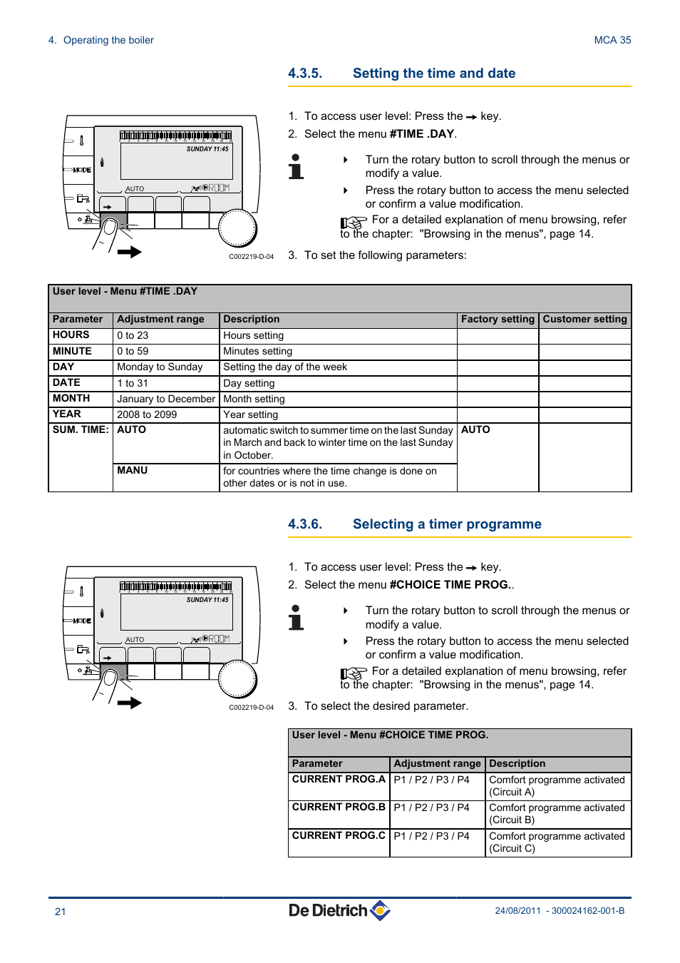 Setting the time and date, Selecting a timer programme | DE DIETRICH INNOVENS MCA 35 User Manual | Page 22 / 44