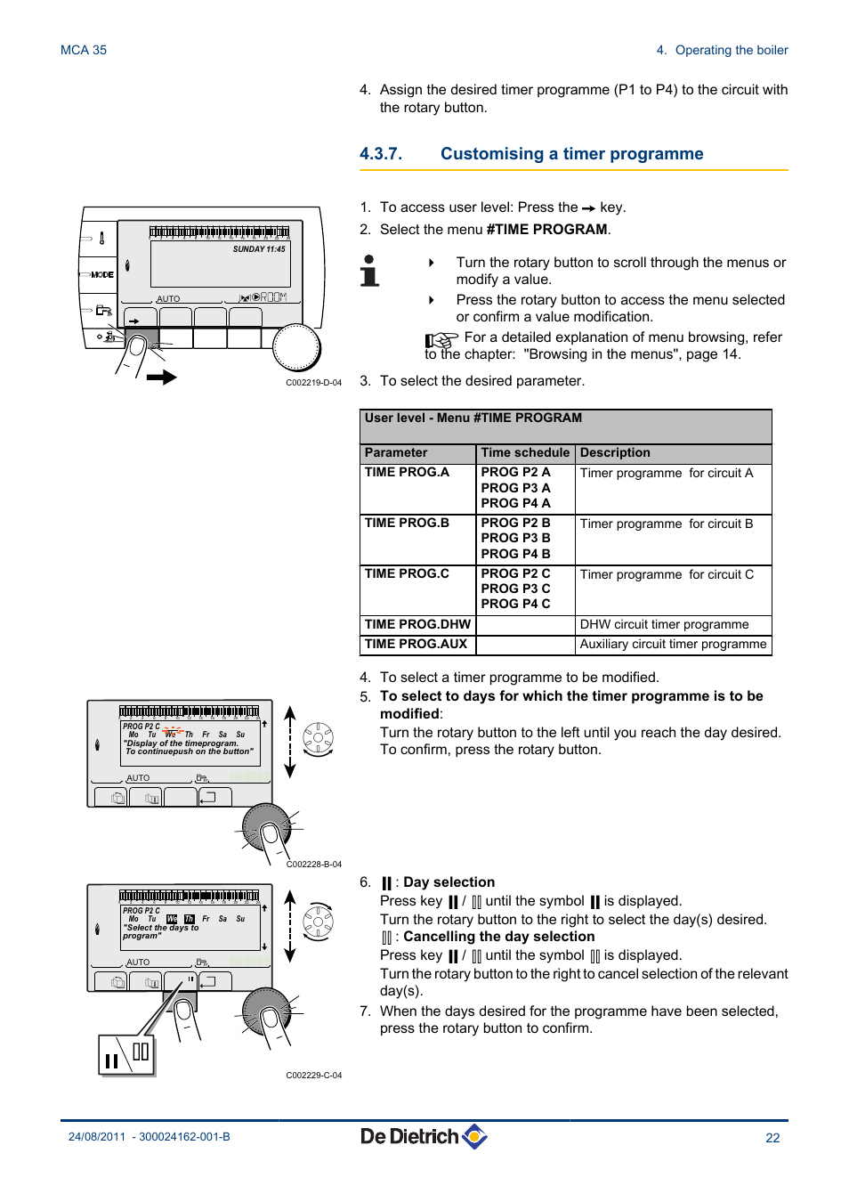 Customising a timer programme, Dhw circuit timer programme time prog.aux, Auxiliary circuit timer programme | Mca 35 4. operating the boiler | DE DIETRICH INNOVENS MCA 35 User Manual | Page 23 / 44