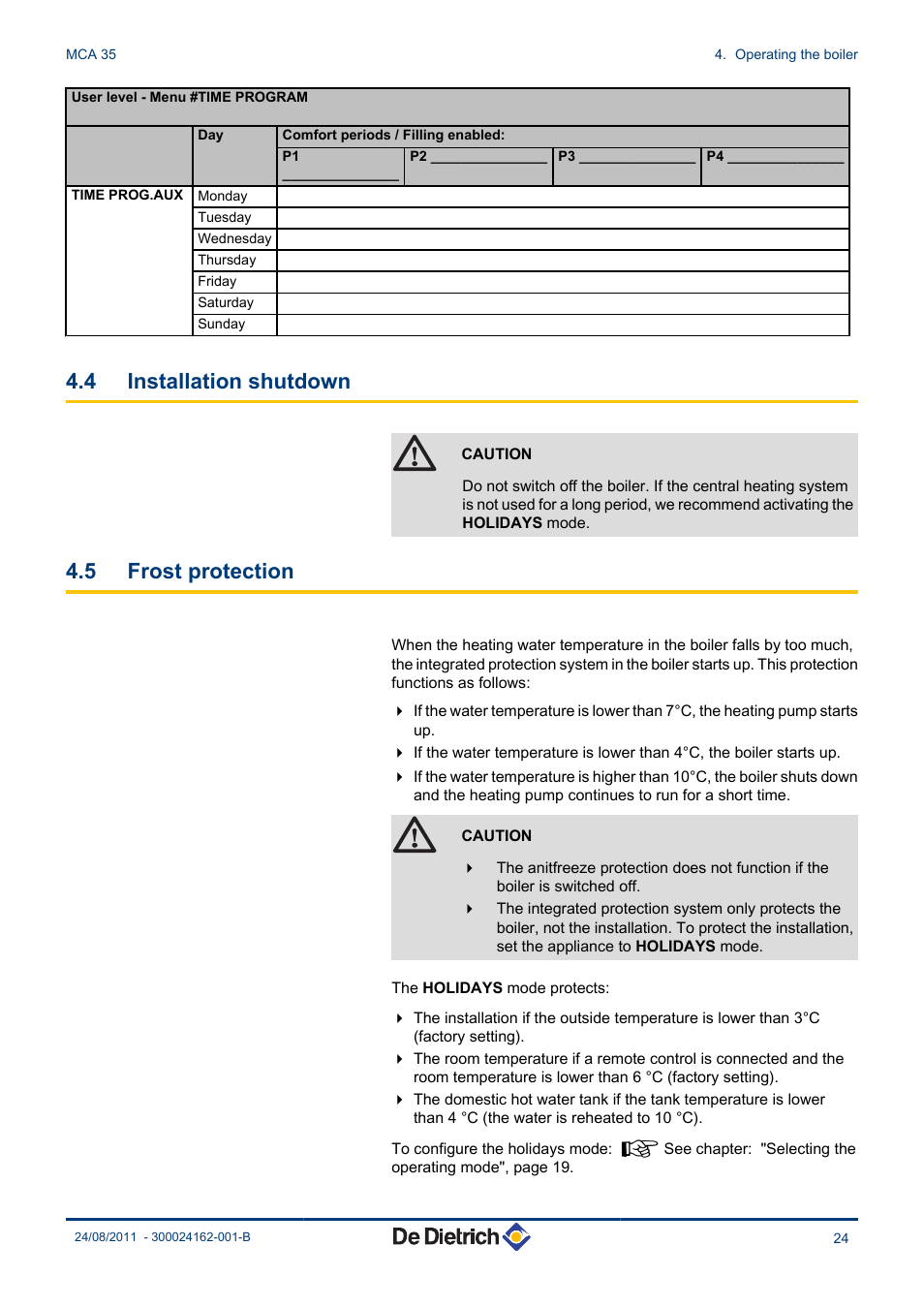 Installation shutdown, Frost protection, 4 installation shutdown | 5 frost protection | DE DIETRICH INNOVENS MCA 35 User Manual | Page 25 / 44