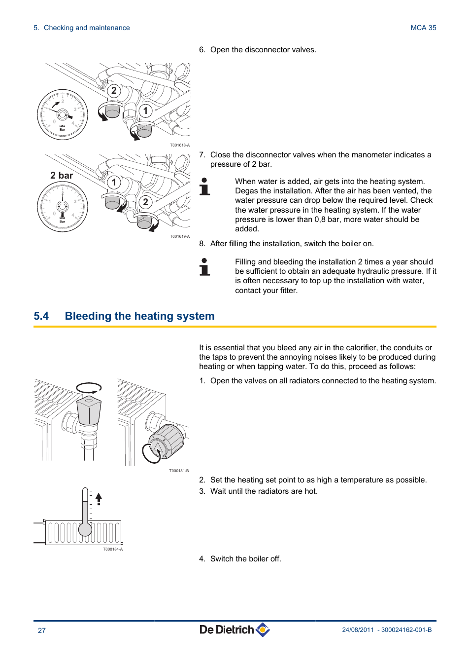 Bleeding the heating system, 4 bleeding the heating system, 21 2 bar | DE DIETRICH INNOVENS MCA 35 User Manual | Page 28 / 44