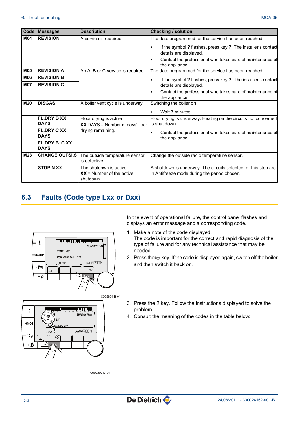 Faults (code type lxx or dxx), 3 faults (code type lxx or dxx), Troubleshooting mca 35 33 | DE DIETRICH INNOVENS MCA 35 User Manual | Page 34 / 44