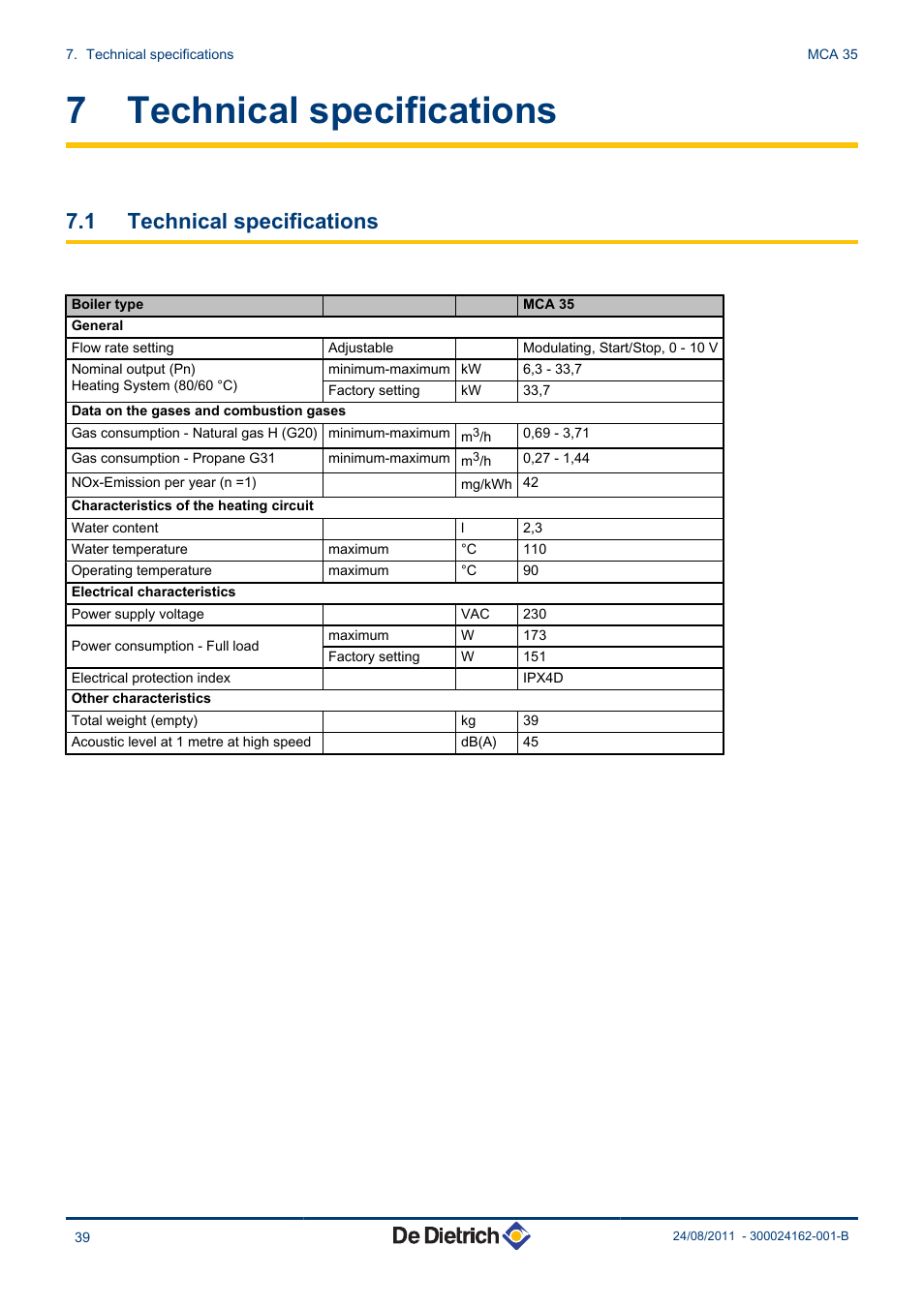Technical specifications, 7 technical specifications, 1 technical specifications | DE DIETRICH INNOVENS MCA 35 User Manual | Page 40 / 44