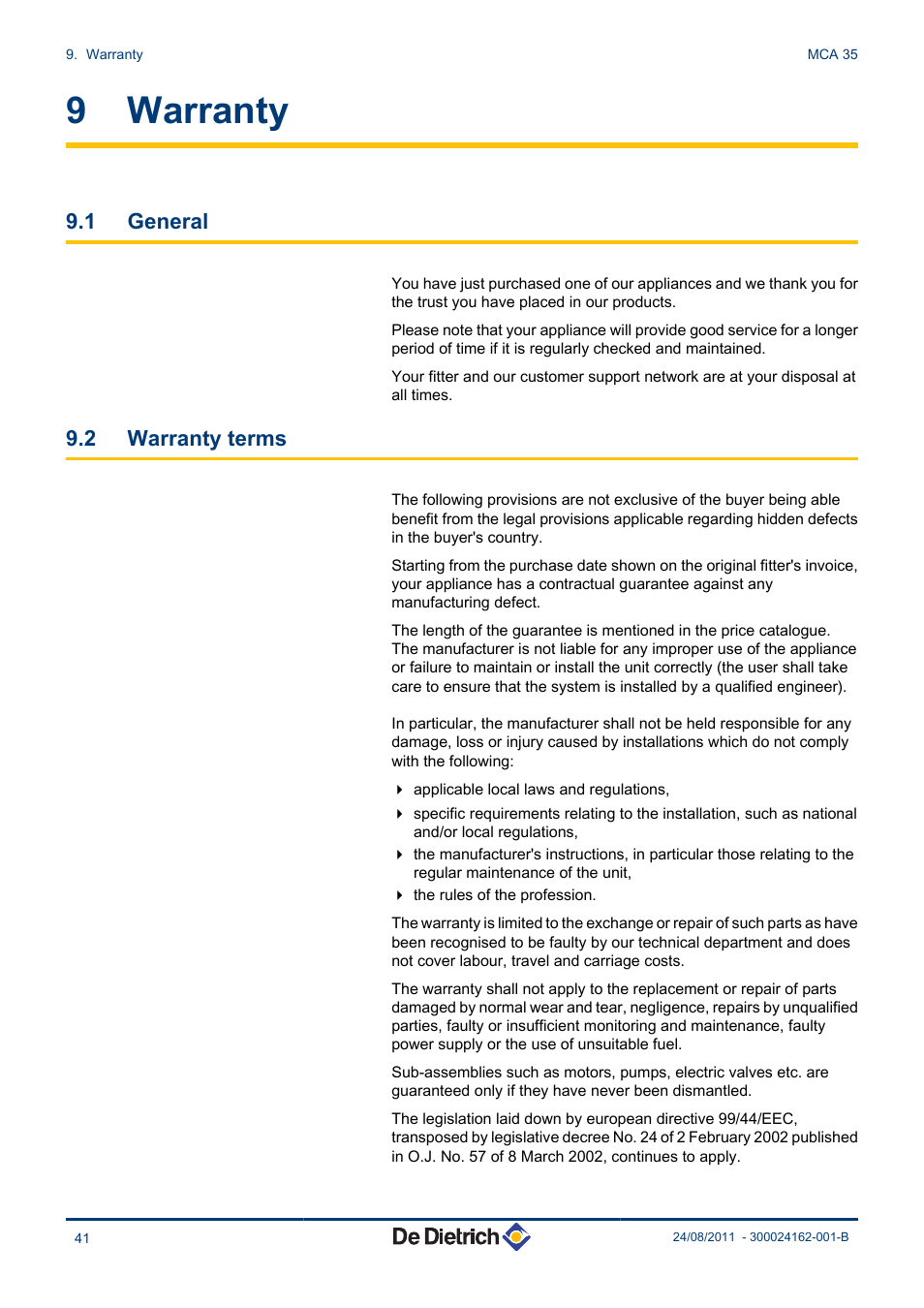 Warranty, General, Warranty terms | 9 warranty, 1 general, 2 warranty terms | DE DIETRICH INNOVENS MCA 35 User Manual | Page 42 / 44