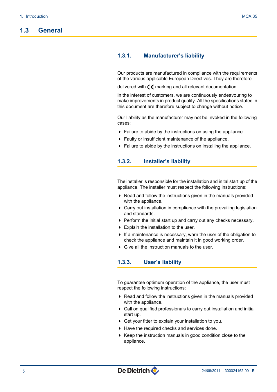 General, Manufacturer's liability, Installer's liability | User's liability, 3 general | DE DIETRICH INNOVENS MCA 35 User Manual | Page 6 / 44