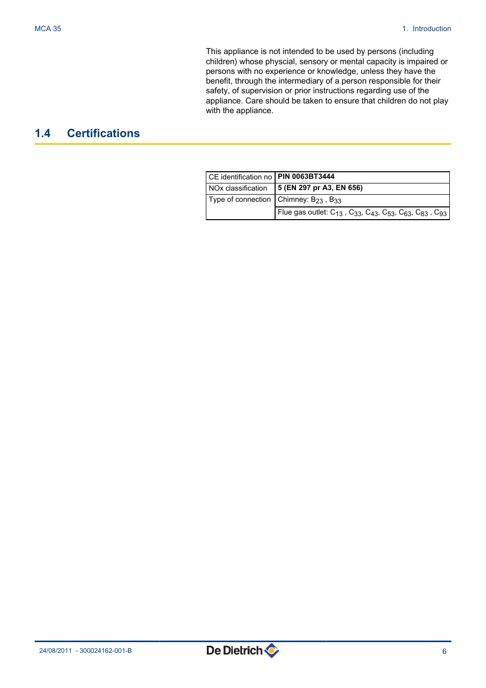 Certifications, 4 certifications | DE DIETRICH INNOVENS MCA 35 User Manual | Page 7 / 44