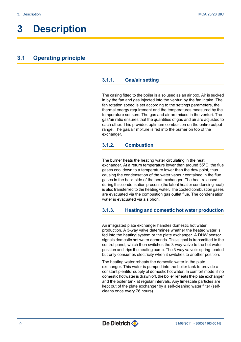 Description, Operating principle, Gas/air setting | Combustion, Heating and domestic hot water production, 3 description, 1 operating principle | DE DIETRICH INNOVENS MCA 25_28 BIC User Manual | Page 10 / 44