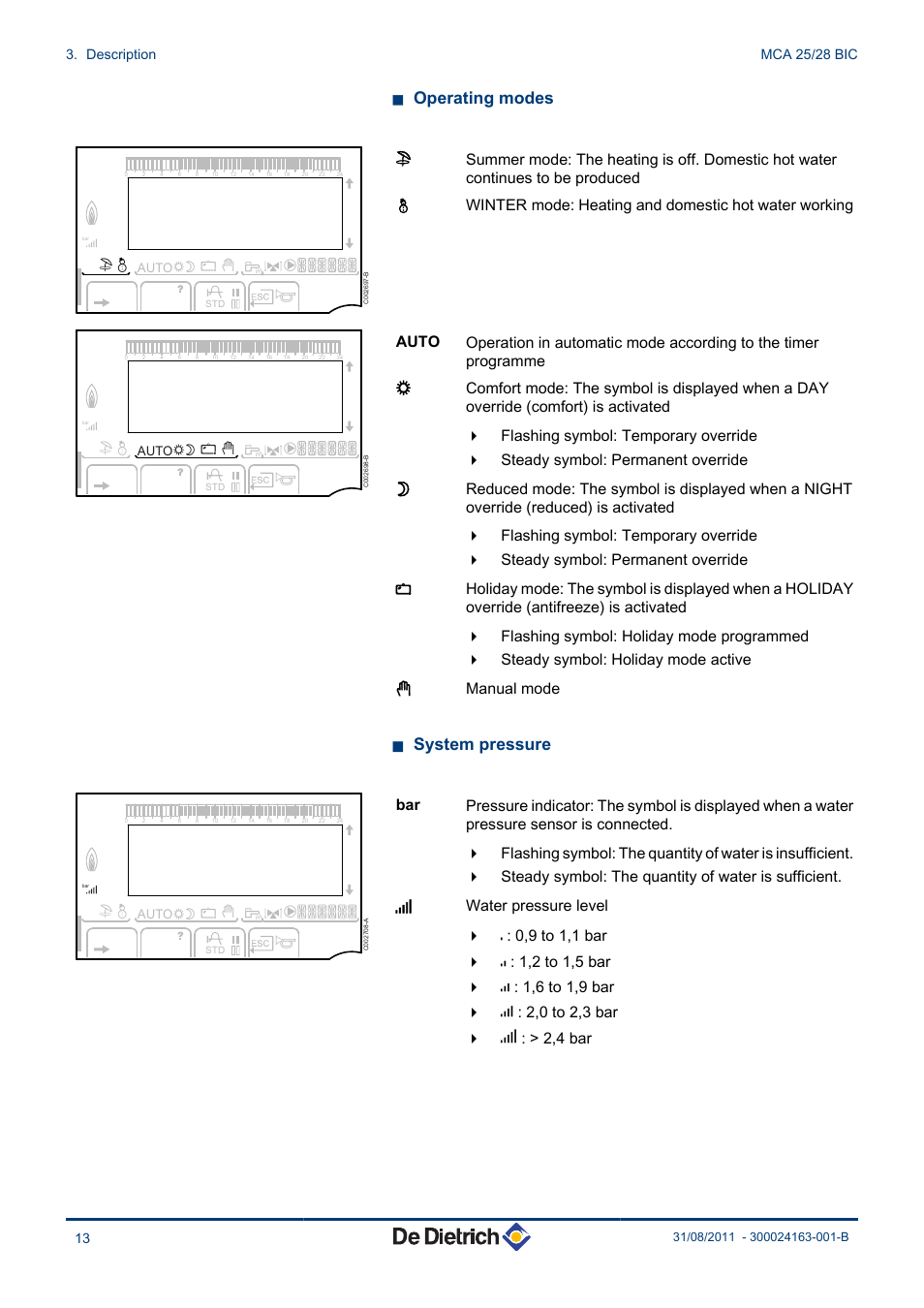 N operating modes, N system pressure | DE DIETRICH INNOVENS MCA 25_28 BIC User Manual | Page 14 / 44