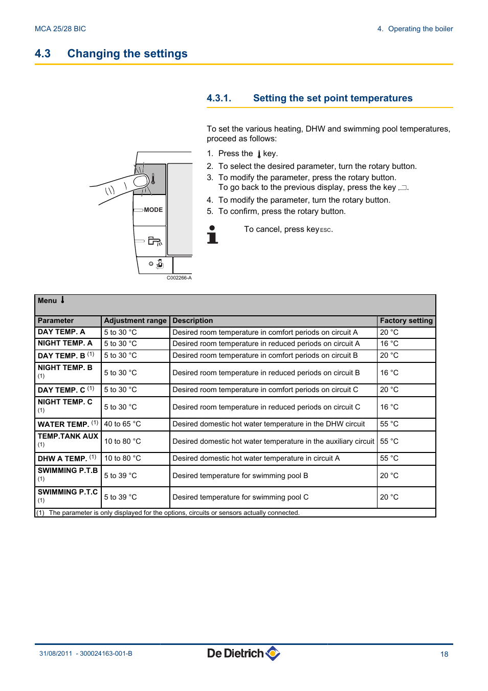 Changing the settings, Setting the set point temperatures, 3 changing the settings | DE DIETRICH INNOVENS MCA 25_28 BIC User Manual | Page 19 / 44