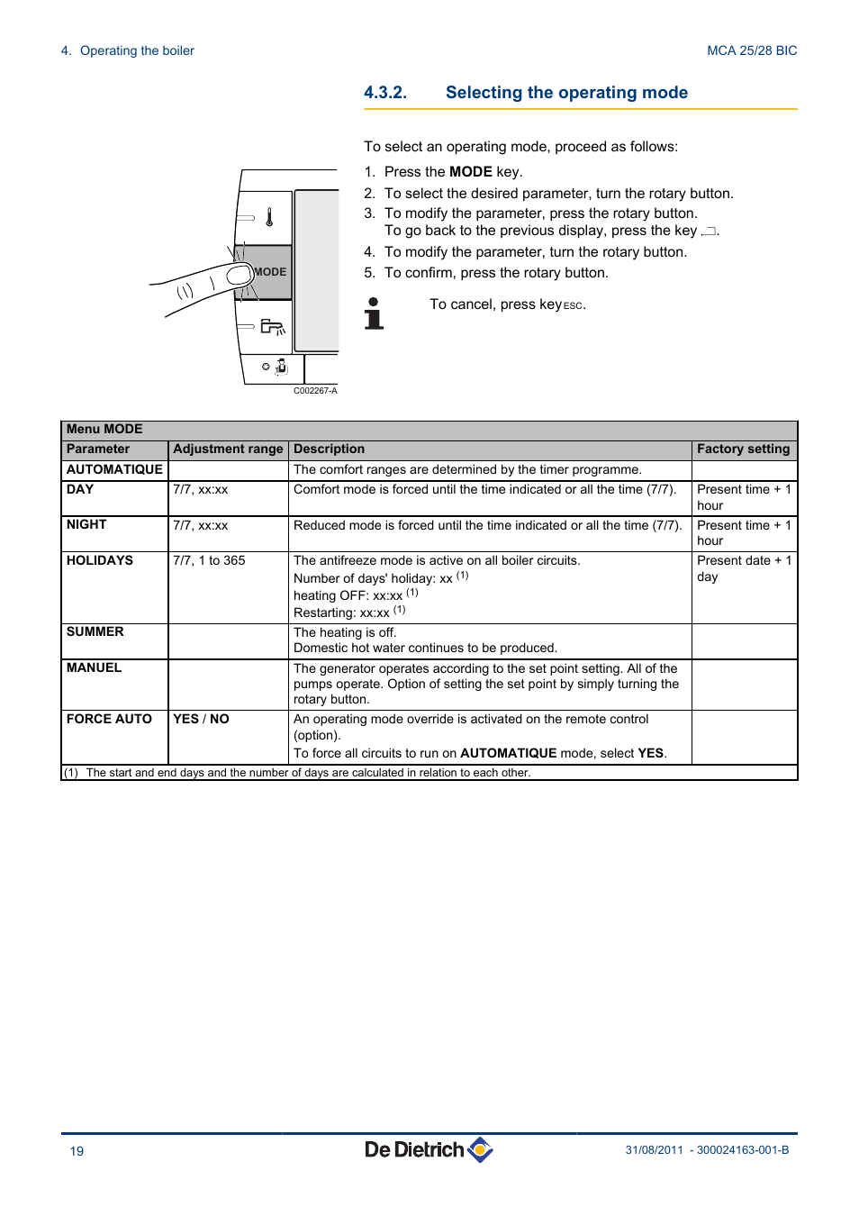 Selecting the operating mode | DE DIETRICH INNOVENS MCA 25_28 BIC User Manual | Page 20 / 44