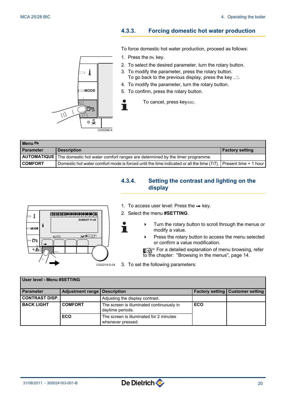 Forcing domestic hot water production, Setting the contrast and lighting on the, Display | Setting the contrast and lighting on the display | DE DIETRICH INNOVENS MCA 25_28 BIC User Manual | Page 21 / 44