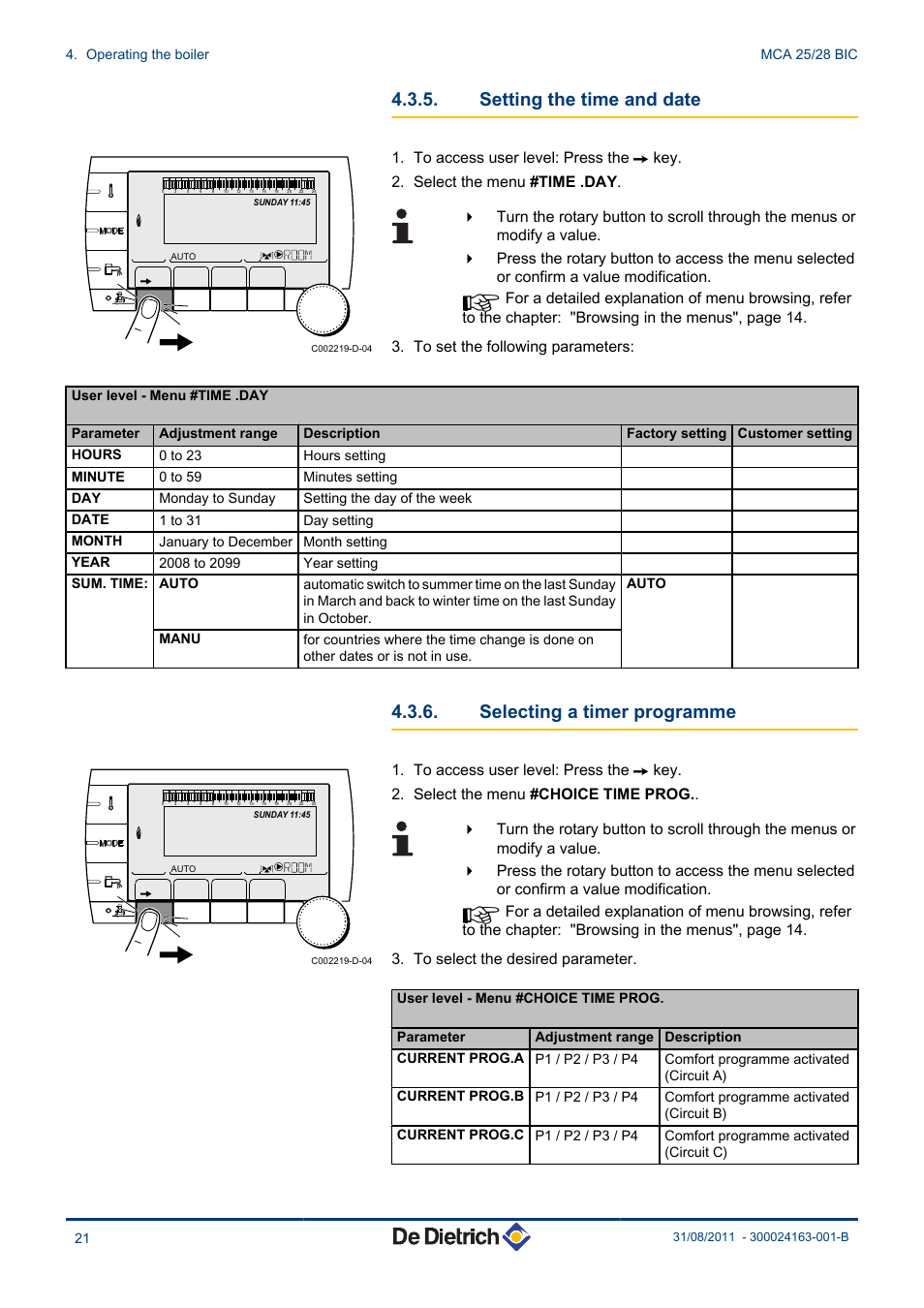 Setting the time and date, Selecting a timer programme | DE DIETRICH INNOVENS MCA 25_28 BIC User Manual | Page 22 / 44