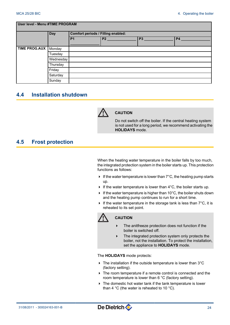 Installation shutdown, Frost protection, 4 installation shutdown | 5 frost protection | DE DIETRICH INNOVENS MCA 25_28 BIC User Manual | Page 25 / 44