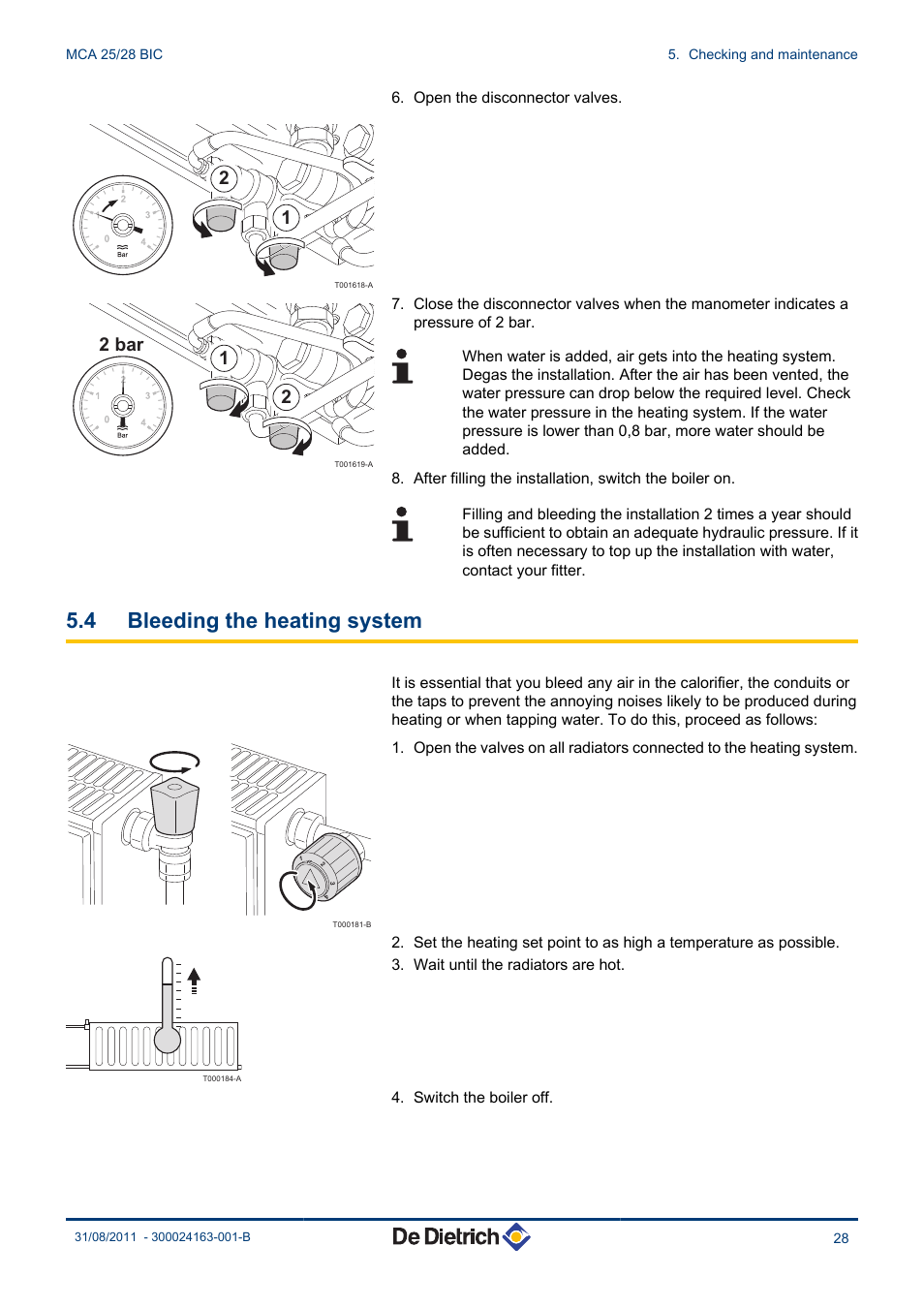 Bleeding the heating system, 4 bleeding the heating system, 21 2 bar | DE DIETRICH INNOVENS MCA 25_28 BIC User Manual | Page 29 / 44