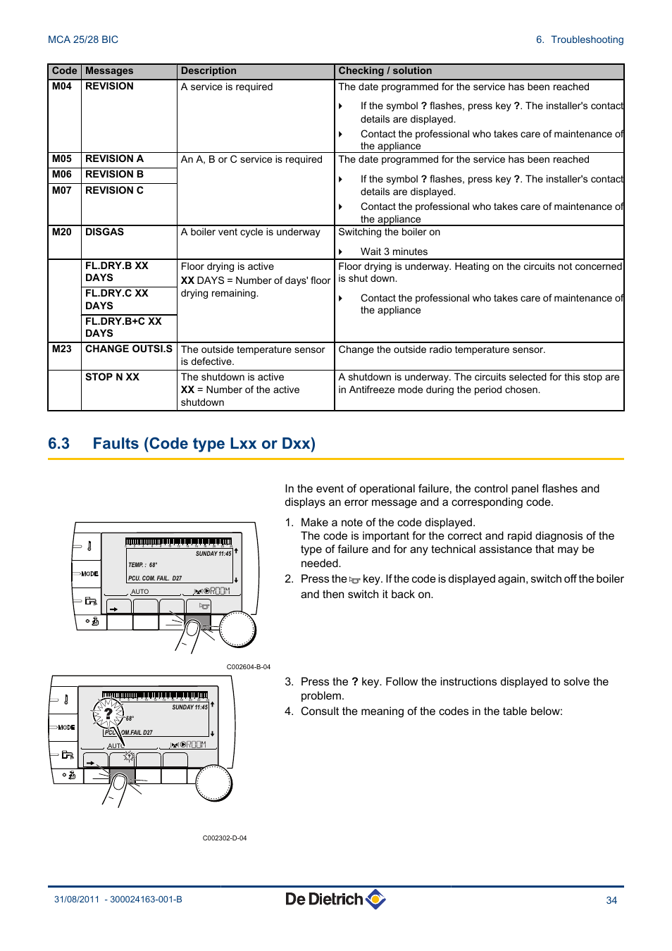 Faults (code type lxx or dxx), 3 faults (code type lxx or dxx) | DE DIETRICH INNOVENS MCA 25_28 BIC User Manual | Page 35 / 44