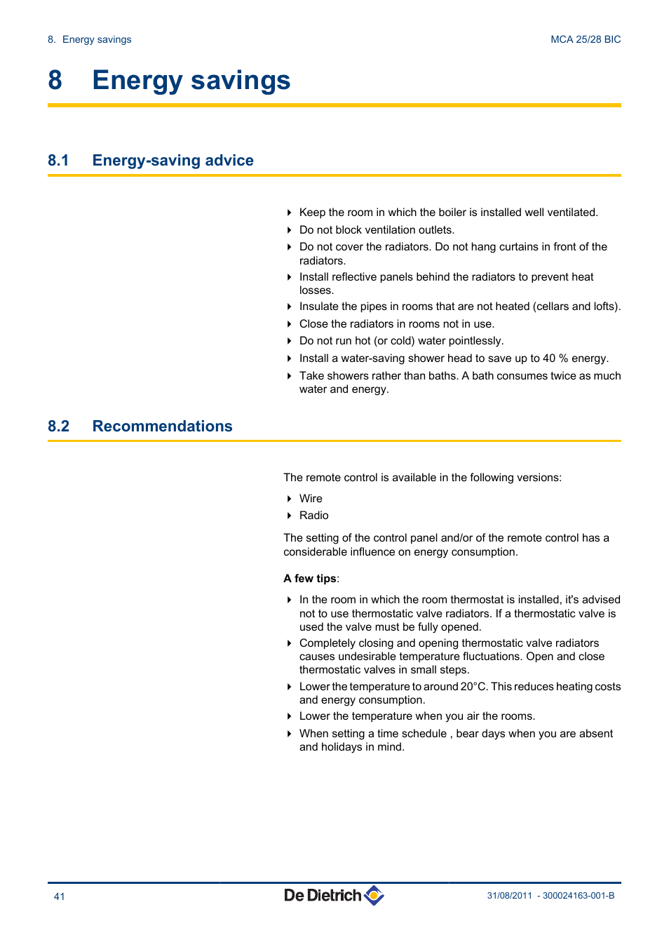 Energy savings, Energy-saving advice, Recommendations | 8 energy savings, 1 energy-saving advice, 2 recommendations | DE DIETRICH INNOVENS MCA 25_28 BIC User Manual | Page 42 / 44