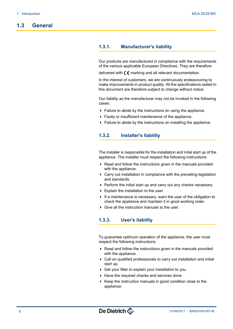General, Manufacturer's liability, Installer's liability | User's liability, 3 general | DE DIETRICH INNOVENS MCA 25_28 BIC User Manual | Page 6 / 44