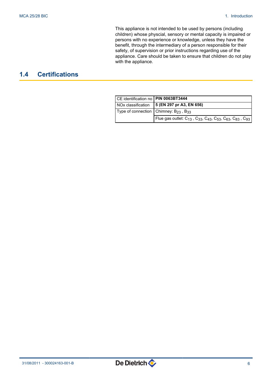 Certifications, 4 certifications | DE DIETRICH INNOVENS MCA 25_28 BIC User Manual | Page 7 / 44