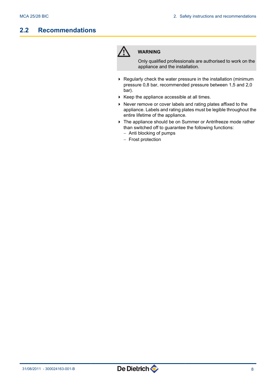 Recommendations, 2 recommendations | DE DIETRICH INNOVENS MCA 25_28 BIC User Manual | Page 9 / 44