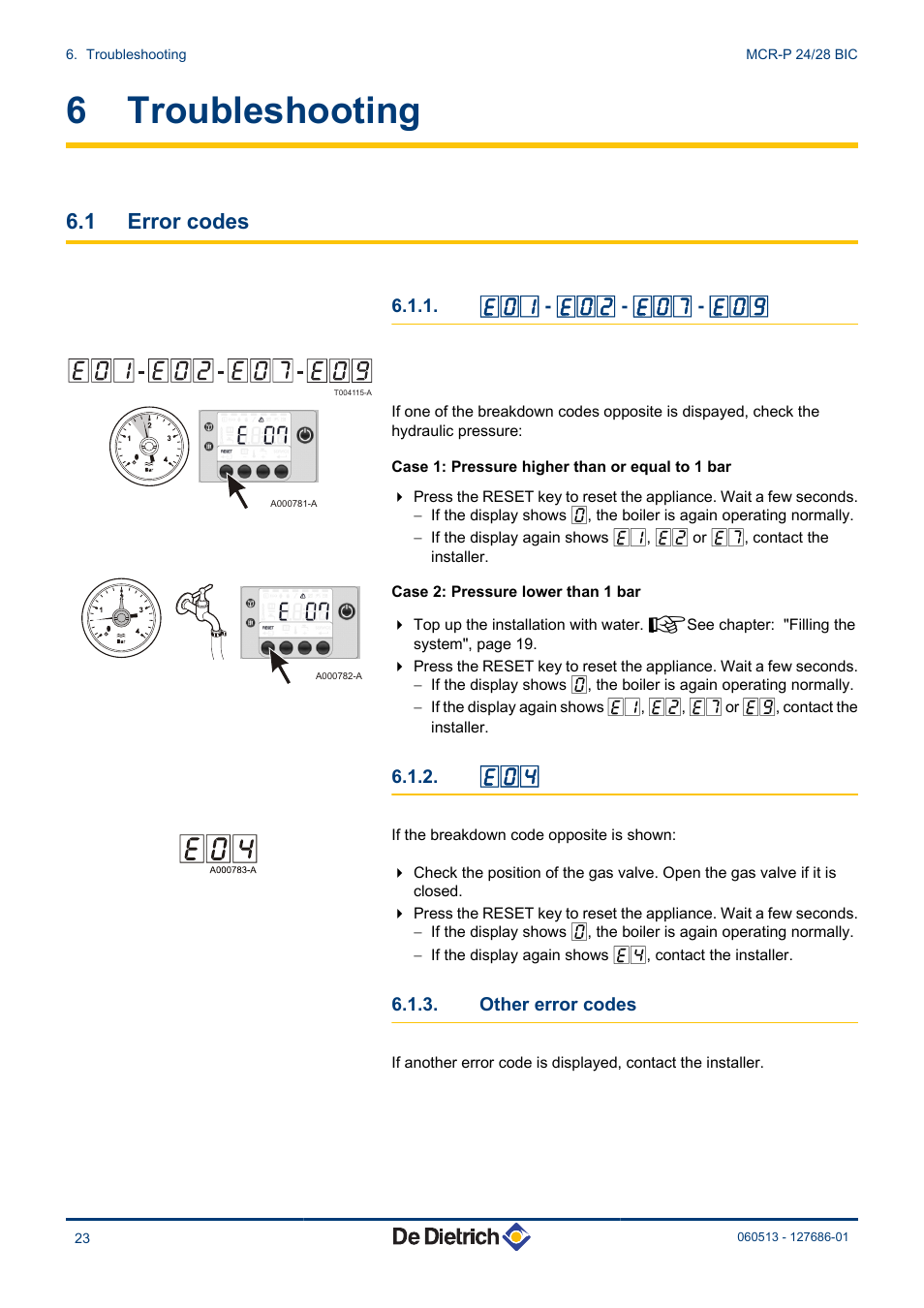 Troubleshooting, Error codes, E02 - e07 - e09 | Other error codes, 6 troubleshooting, 1 error codes | DE DIETRICH VIVADENS MCR-P 24_28 BIC User Manual | Page 24 / 36