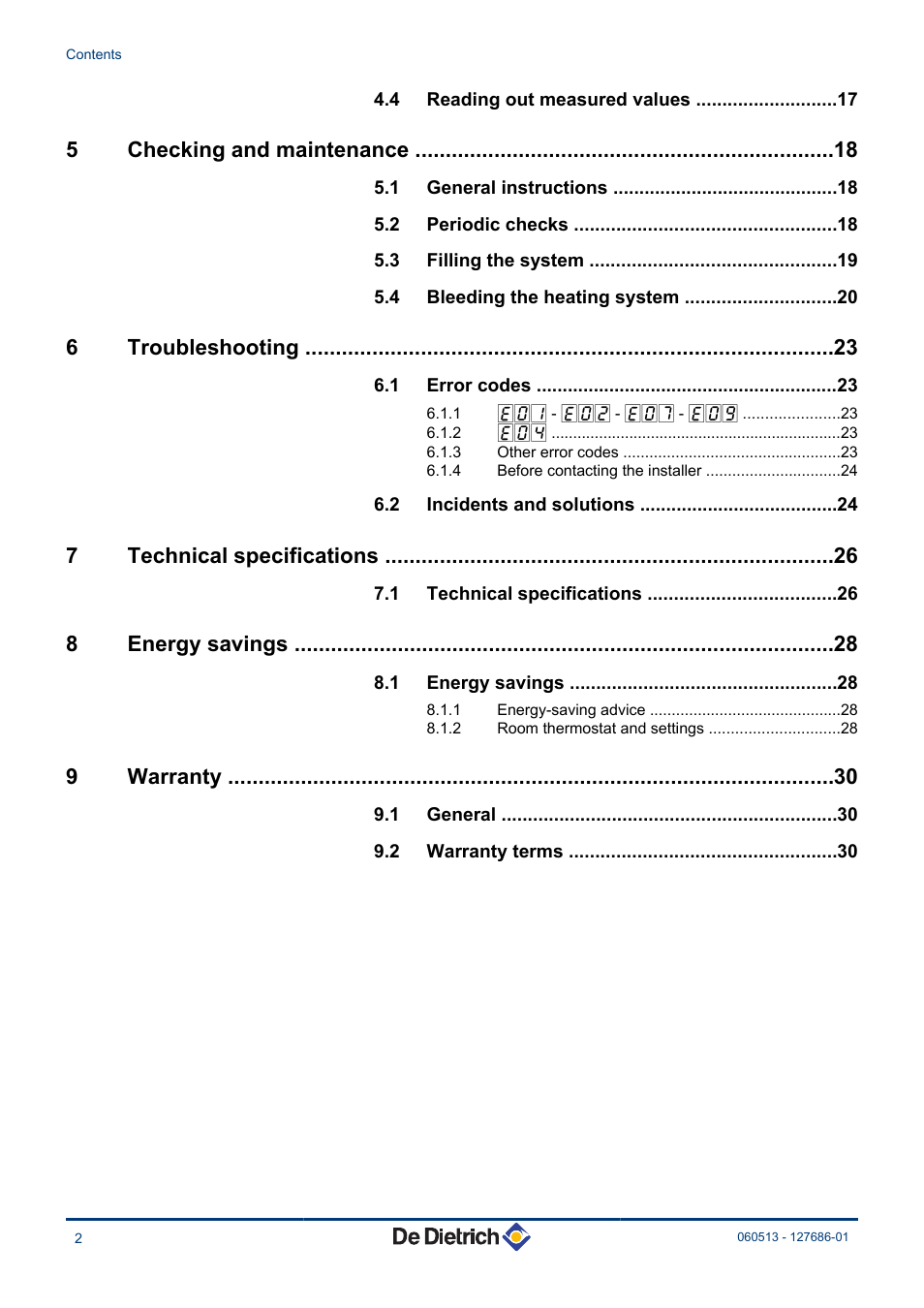 5checking and maintenance, 6troubleshooting, 7technical specifications | 8energy savings, 9warranty | DE DIETRICH VIVADENS MCR-P 24_28 BIC User Manual | Page 3 / 36