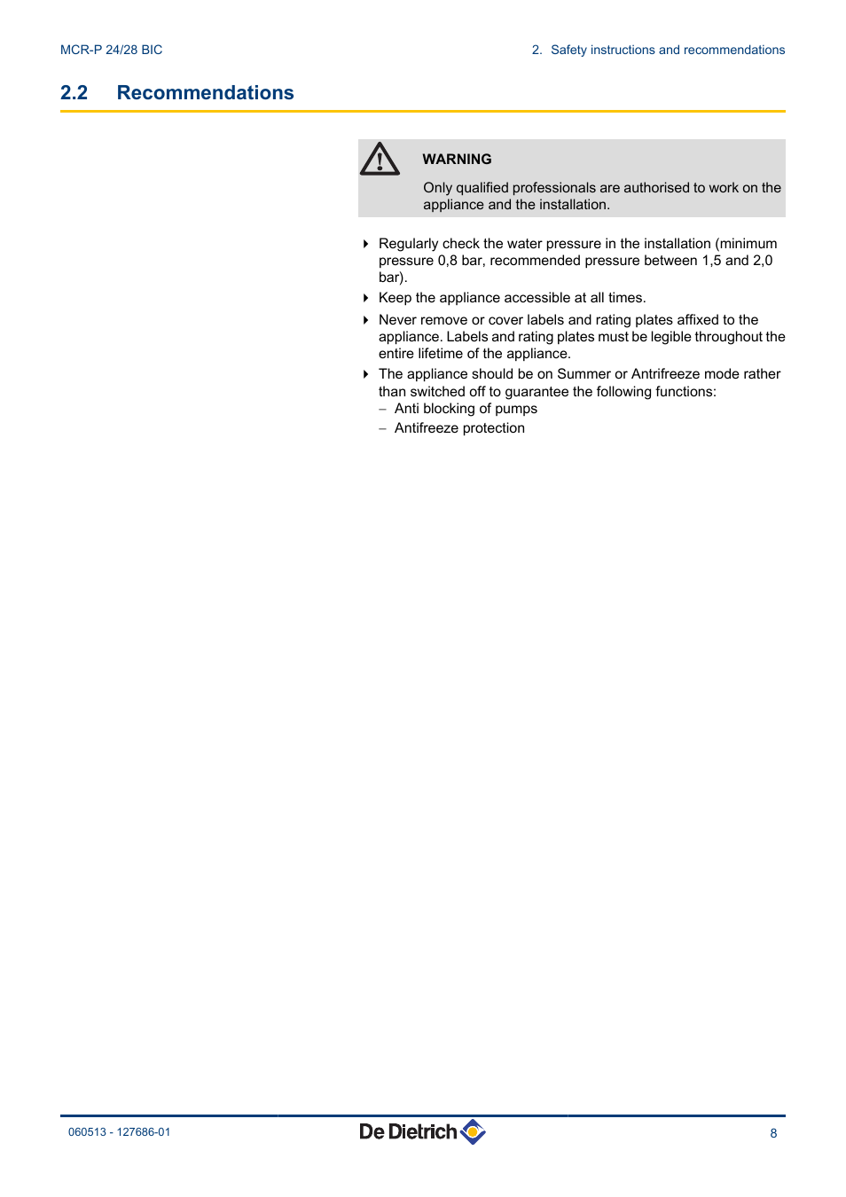 Recommendations, 2 recommendations | DE DIETRICH VIVADENS MCR-P 24_28 BIC User Manual | Page 9 / 36