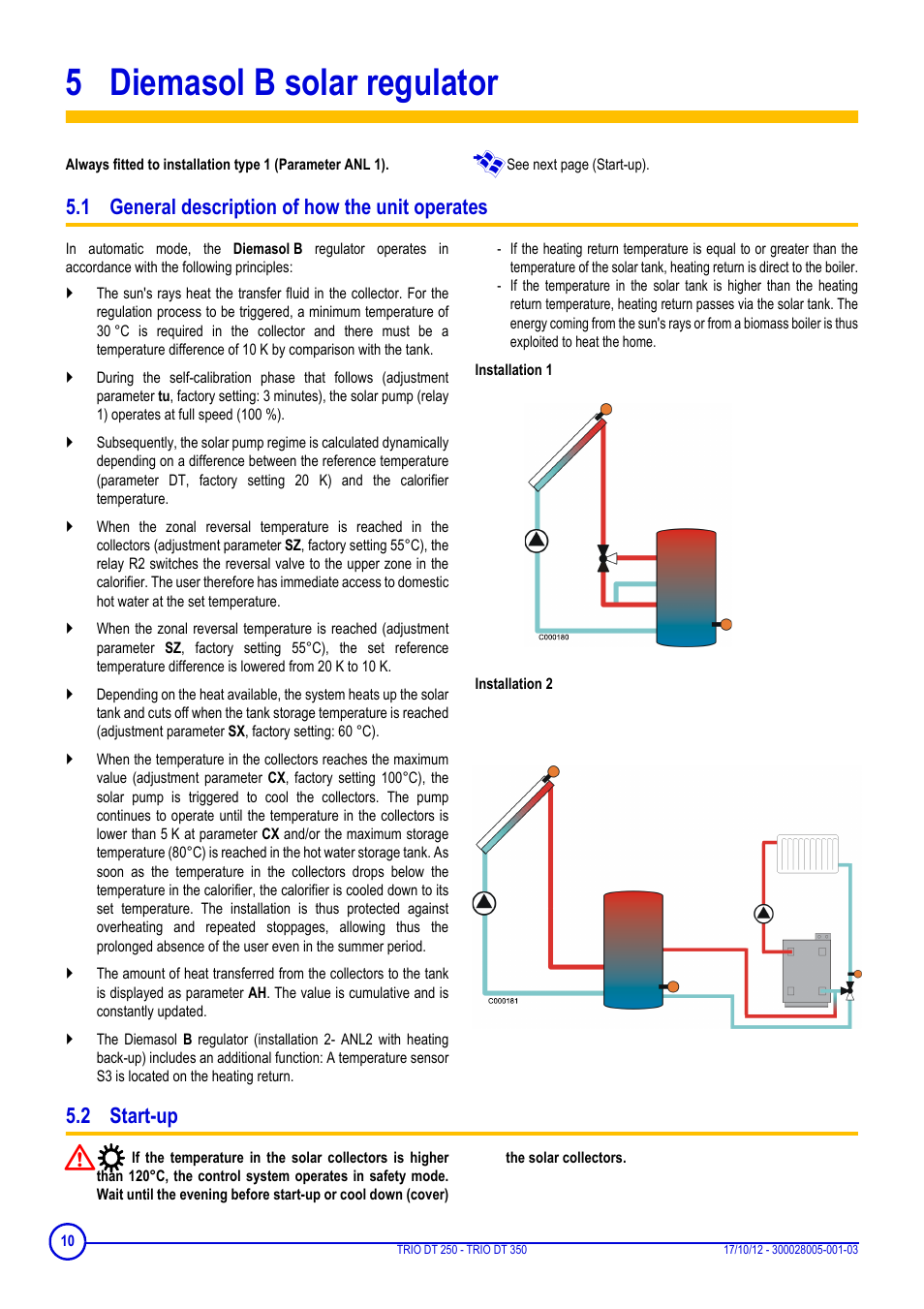 5 diemasol b solar regulator, 1 general description of how the unit operates, 2 start-up | Diemasol b solar regulator | DE DIETRICH DIETRISOL TRIO DT 250 - TRIO DT 350 User Manual | Page 10 / 24