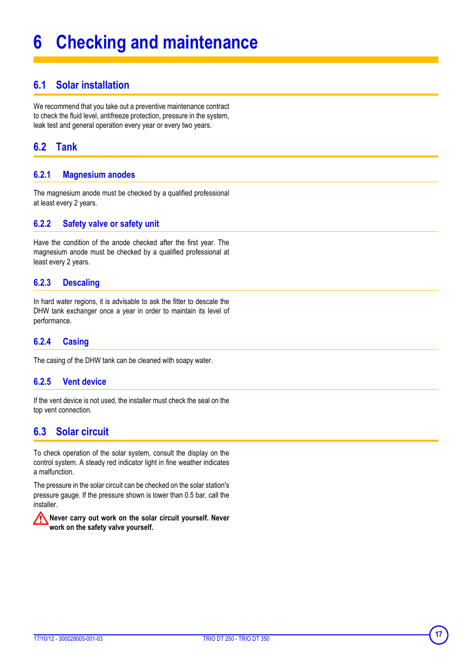 6 checking and maintenance, 1 solar installation, 2 tank | 1 magnesium anodes, 2 safety valve or safety unit, 3 descaling, 4 casing, 5 vent device, 3 solar circuit, Checking and maintenance | DE DIETRICH DIETRISOL TRIO DT 250 - TRIO DT 350 User Manual | Page 17 / 24