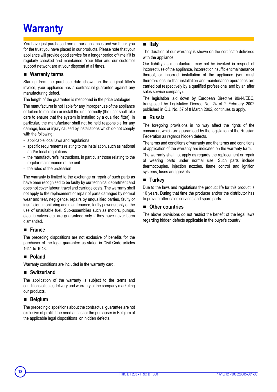 Warranty | DE DIETRICH DIETRISOL TRIO DT 250 - TRIO DT 350 User Manual | Page 18 / 24