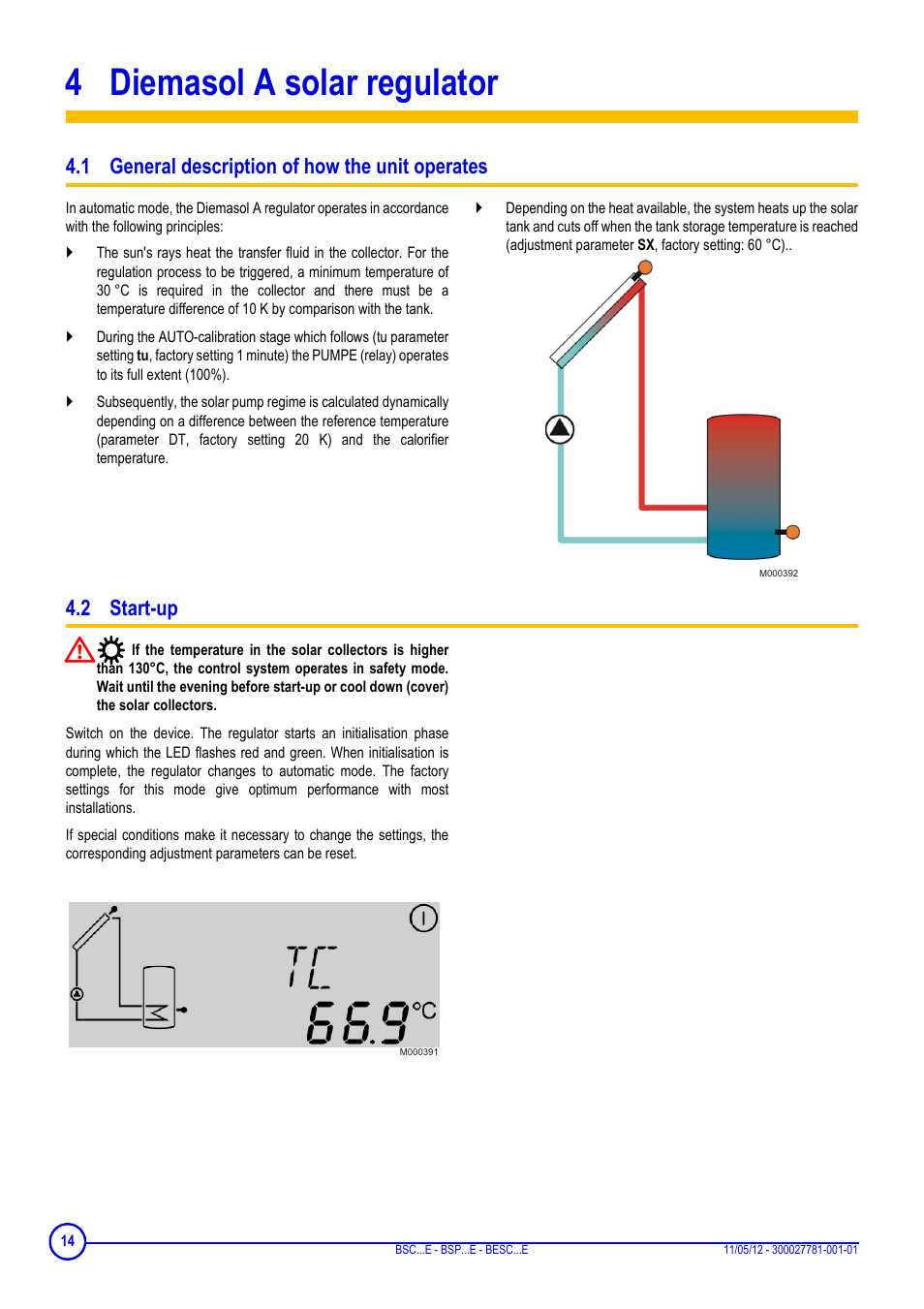 4 diemasol a solar regulator, 1 general description of how the unit operates, 2 start-up | Diemasol a solar regulator | DE DIETRICH BSC...E - BSP...E - BESC...E User Manual | Page 14 / 24