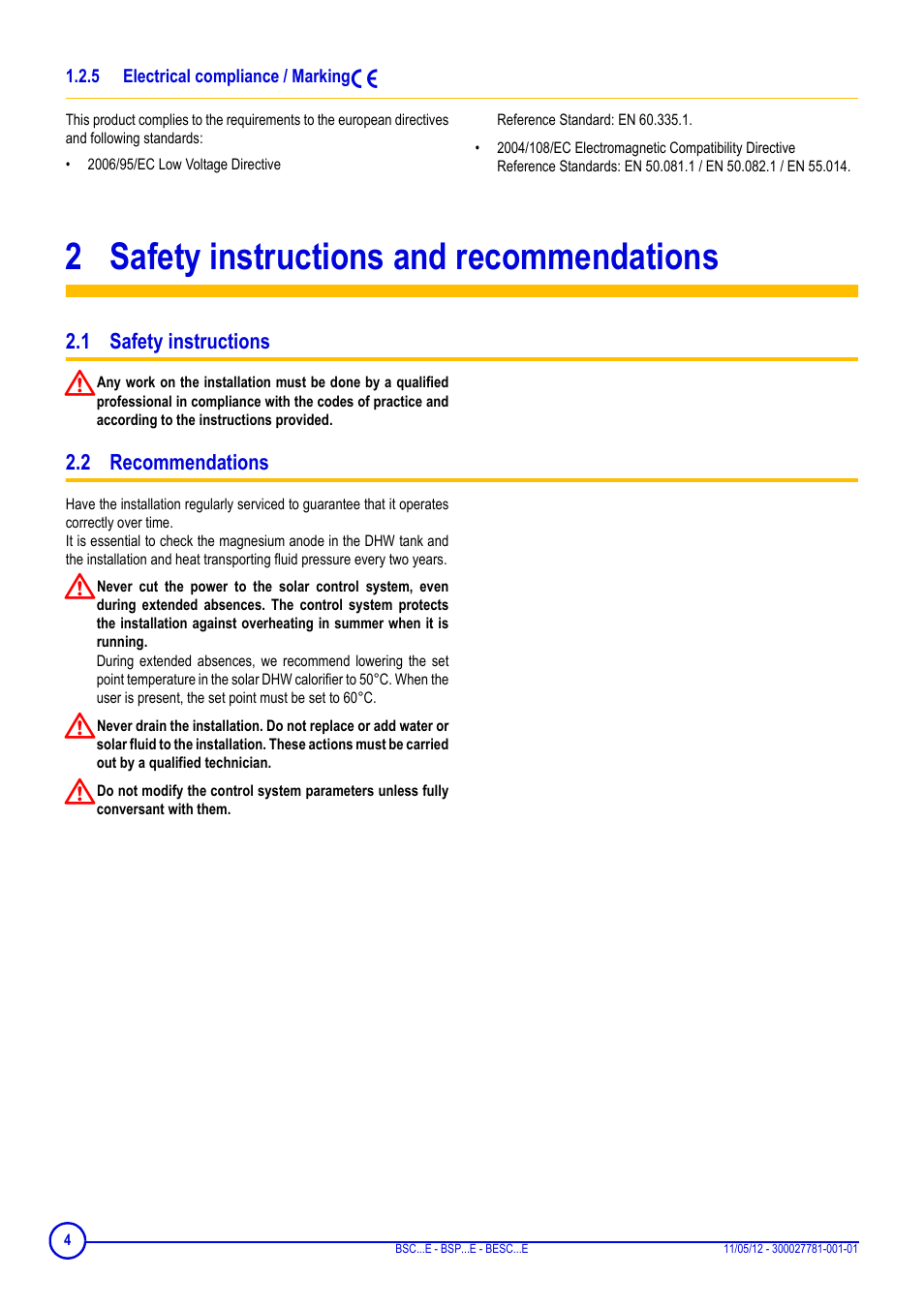 5 electrical compliance / marking s, 2 safety instructions and recommendations, 1 safety instructions | 2 recommendations, Electrical compliance / marking 1, Safety instructions and recommendations, 1 safety instructions 2.2 recommendations | DE DIETRICH BSC...E - BSP...E - BESC...E User Manual | Page 4 / 24