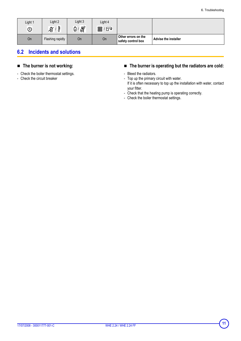 2 incidents and solutions, The burner is not working, The burner is operating but the radiators are cold | DE DIETRICH WHE 2.24 _ WHE 2.24 FF User Manual | Page 11 / 16