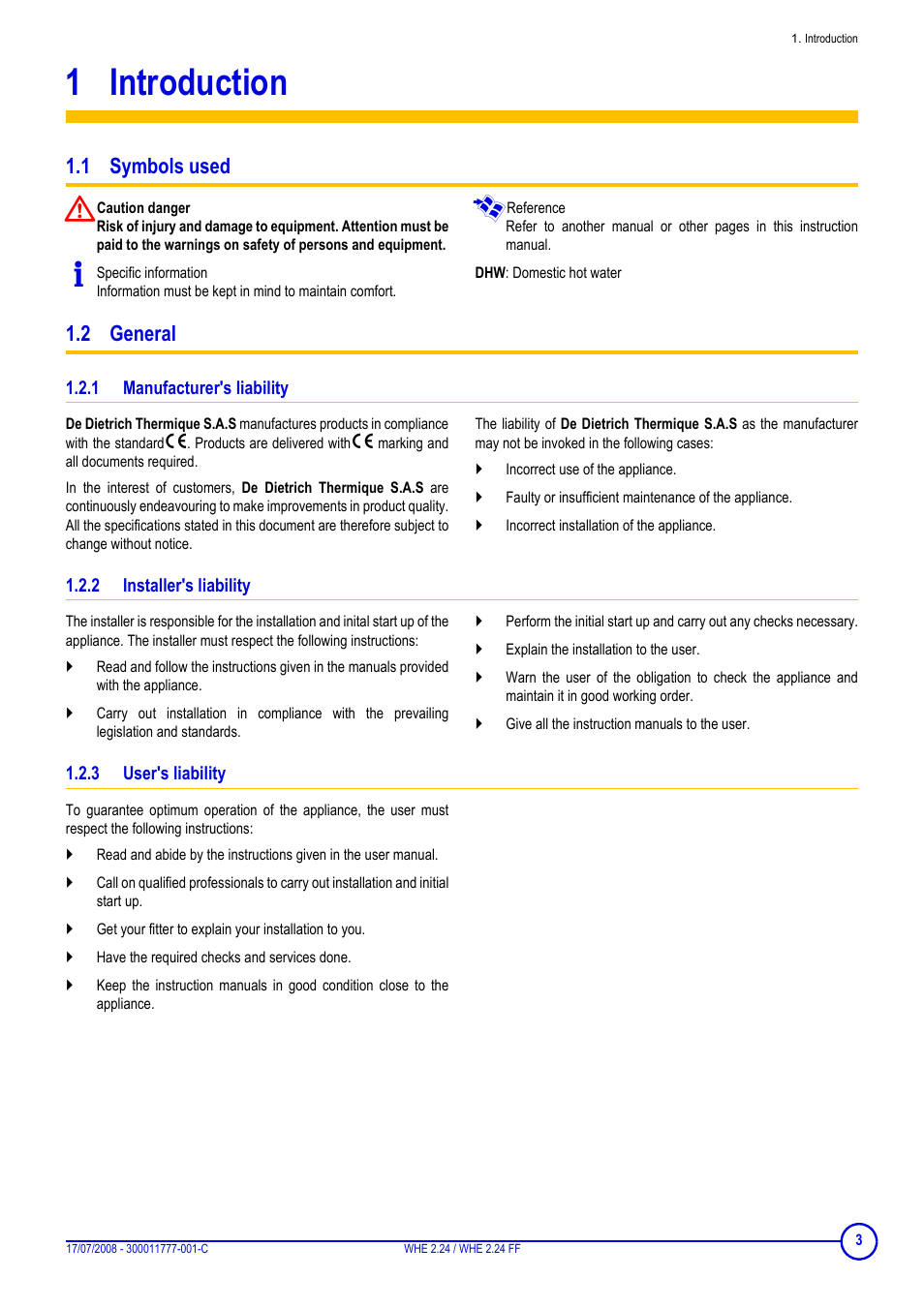 1 introduction, 1 symbols used, 2 general | 1 manufacturer's liability, 2 installer's liability, 3 user's liability, Introduction, 1 symbols used 1.2 general, Manufacturer's liability, Installer's liability | DE DIETRICH WHE 2.24 _ WHE 2.24 FF User Manual | Page 3 / 16