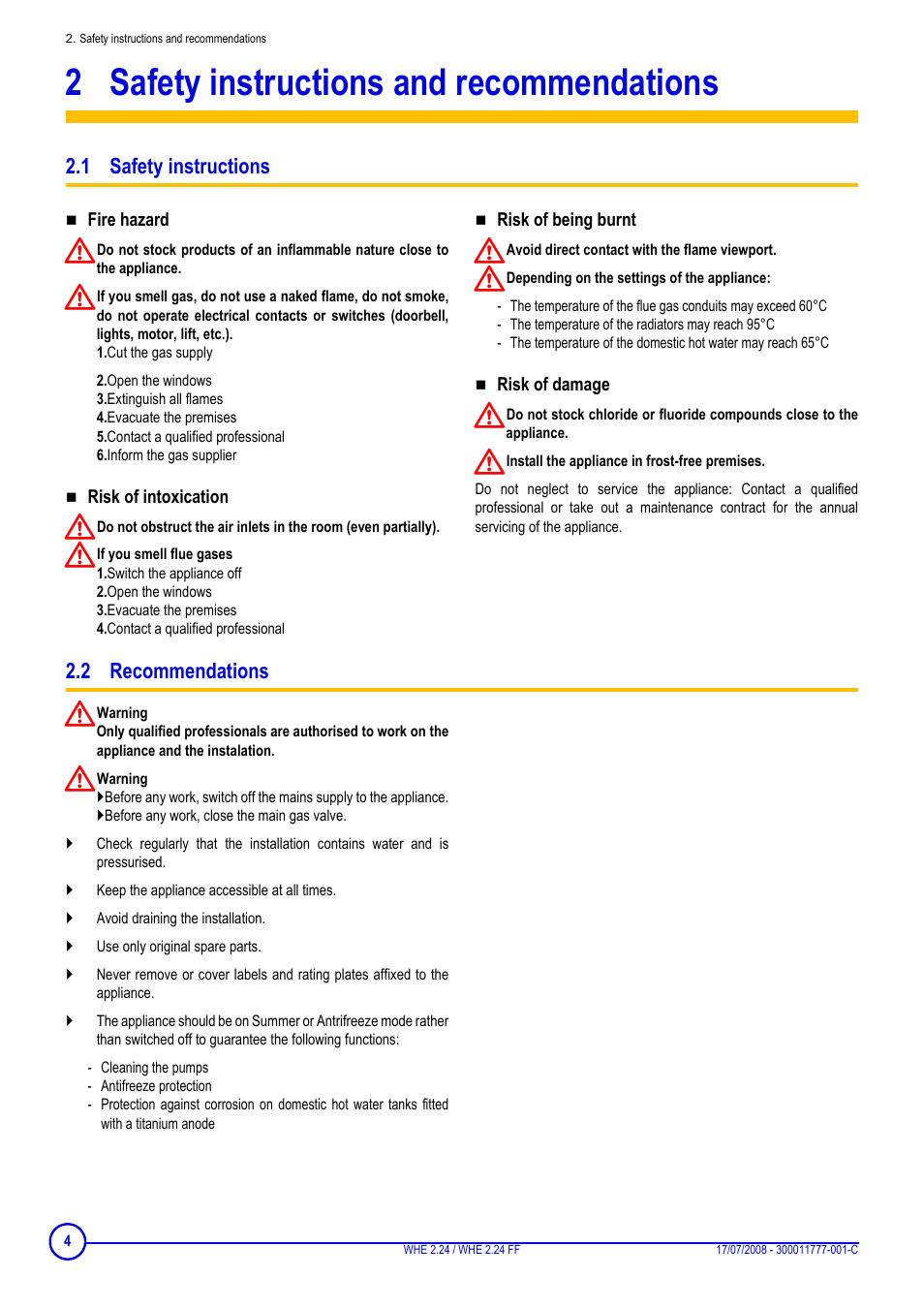 2 safety instructions and recommendations, 1 safety instructions, 2 recommendations | Safety instructions and recommendations, 1 safety instructions 2.2 recommendations | DE DIETRICH WHE 2.24 _ WHE 2.24 FF User Manual | Page 4 / 16