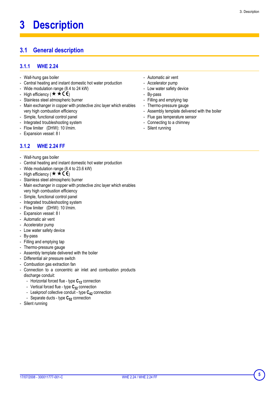 3 description, 1 general description, 1 whe 2.24 | 2 whe 2.24 ff, Description, Whe 2.24, Whe 2.24 ff | DE DIETRICH WHE 2.24 _ WHE 2.24 FF User Manual | Page 5 / 16