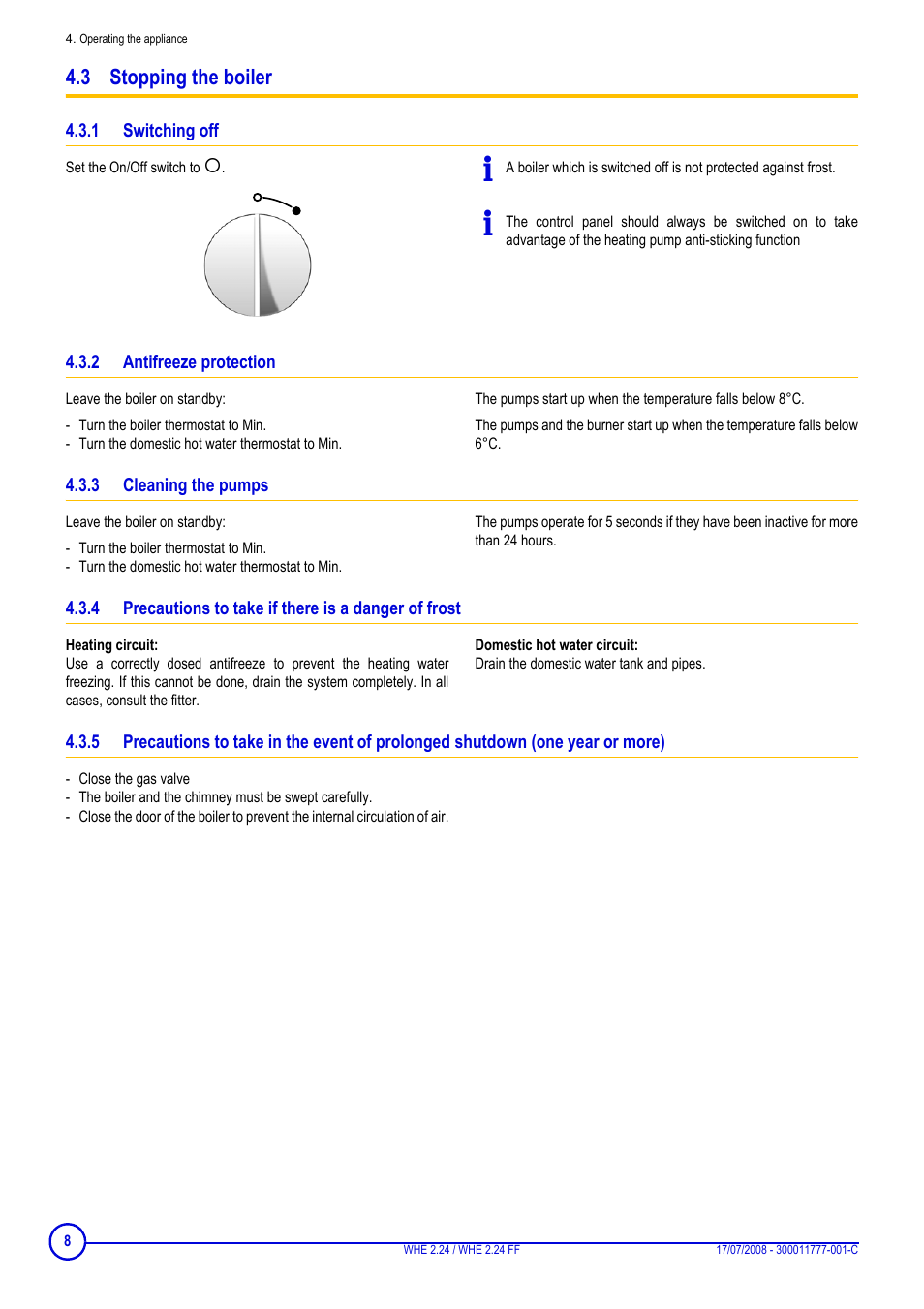 3 stopping the boiler, 1 switching off, 2 antifreeze protection | 3 cleaning the pumps, Switching off, Antifreeze protection, Cleaning the pumps, Precautions to take if there is a danger of frost | DE DIETRICH WHE 2.24 _ WHE 2.24 FF User Manual | Page 8 / 16