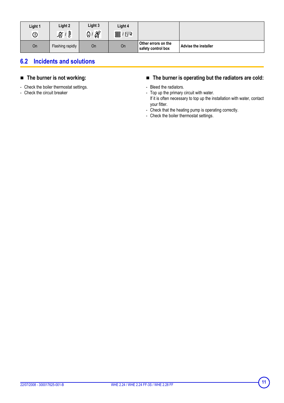 2 incidents and solutions, The burner is not working, The burner is operating but the radiators are cold | DE DIETRICH WHE 2.24, WHE 2.24 FF-3S, WHE 2.28 FF User Manual | Page 11 / 16