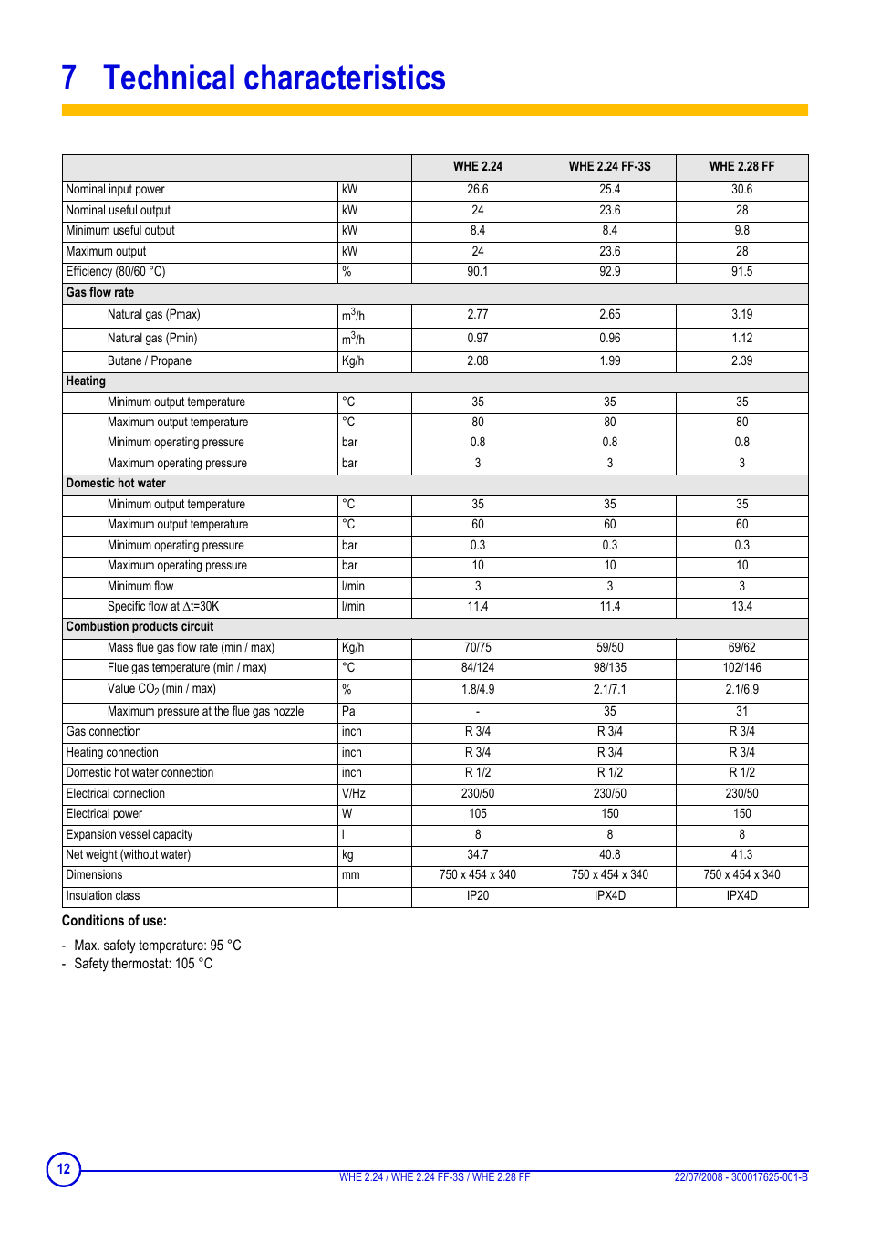 7 technical characteristics, Technical characteristics | DE DIETRICH WHE 2.24, WHE 2.24 FF-3S, WHE 2.28 FF User Manual | Page 12 / 16