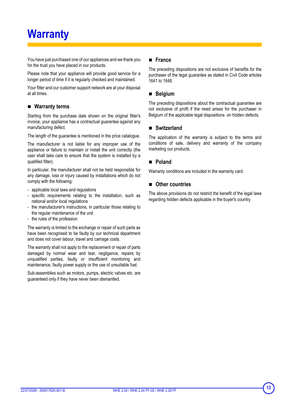 Warranty | DE DIETRICH WHE 2.24, WHE 2.24 FF-3S, WHE 2.28 FF User Manual | Page 13 / 16