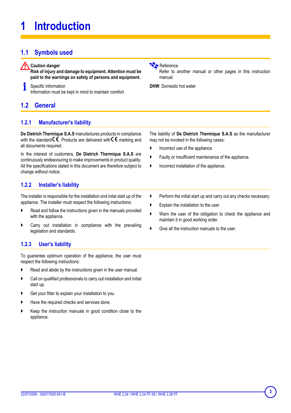 1 introduction, 1 symbols used, 2 general | 1 manufacturer's liability, 2 installer's liability, 3 user's liability, Introduction, 1 symbols used 1.2 general, Manufacturer's liability, Installer's liability | DE DIETRICH WHE 2.24, WHE 2.24 FF-3S, WHE 2.28 FF User Manual | Page 3 / 16