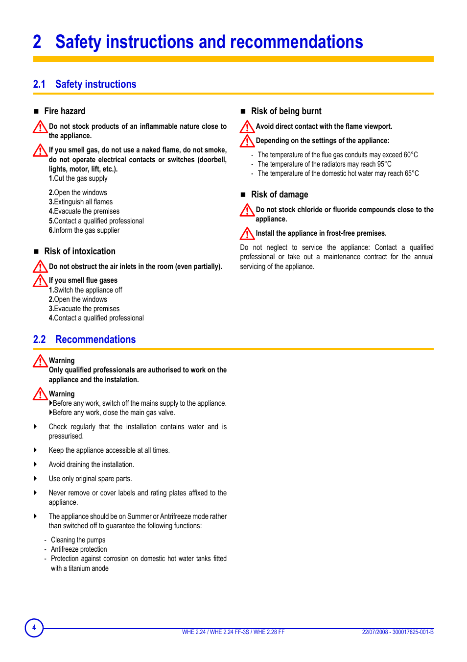 2 safety instructions and recommendations, 1 safety instructions, 2 recommendations | Safety instructions and recommendations, 1 safety instructions 2.2 recommendations | DE DIETRICH WHE 2.24, WHE 2.24 FF-3S, WHE 2.28 FF User Manual | Page 4 / 16