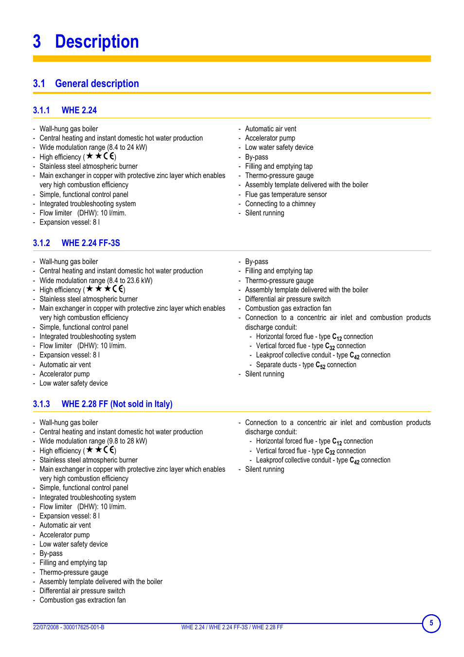 3 description, 1 general description, 1 whe 2.24 | 2 whe 2.24 ff-3s, 3 whe 2.28 ff (not sold in italy), Description, Whe 2.24, Whe 2.24 ff-3s, Whe 2.28 ff (not sold in italy) | DE DIETRICH WHE 2.24, WHE 2.24 FF-3S, WHE 2.28 FF User Manual | Page 5 / 16