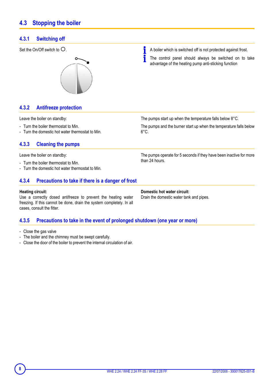 3 stopping the boiler, 1 switching off, 2 antifreeze protection | 3 cleaning the pumps, Switching off, Antifreeze protection, Cleaning the pumps, Precautions to take if there is a danger of frost | DE DIETRICH WHE 2.24, WHE 2.24 FF-3S, WHE 2.28 FF User Manual | Page 8 / 16