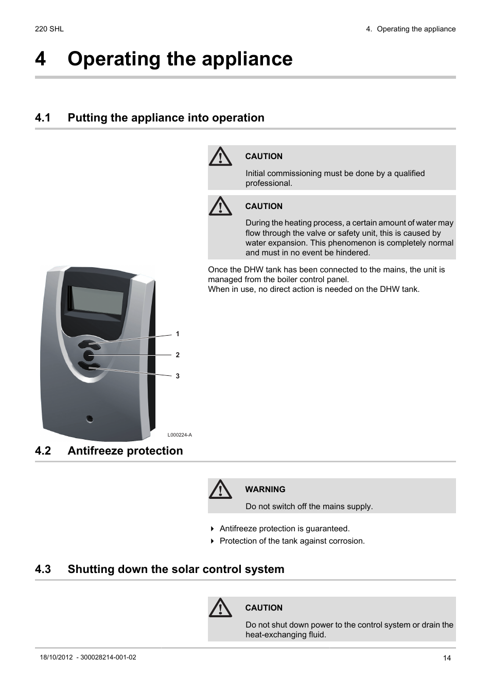 Operating the appliance, Putting the appliance into operation, Antifreeze protection | Shutting down the solar control system, 4 operating the appliance, 1 putting the appliance into operation, 2 antifreeze protection, 3 shutting down the solar control system | DE DIETRICH 220 SHL User Manual | Page 15 / 24
