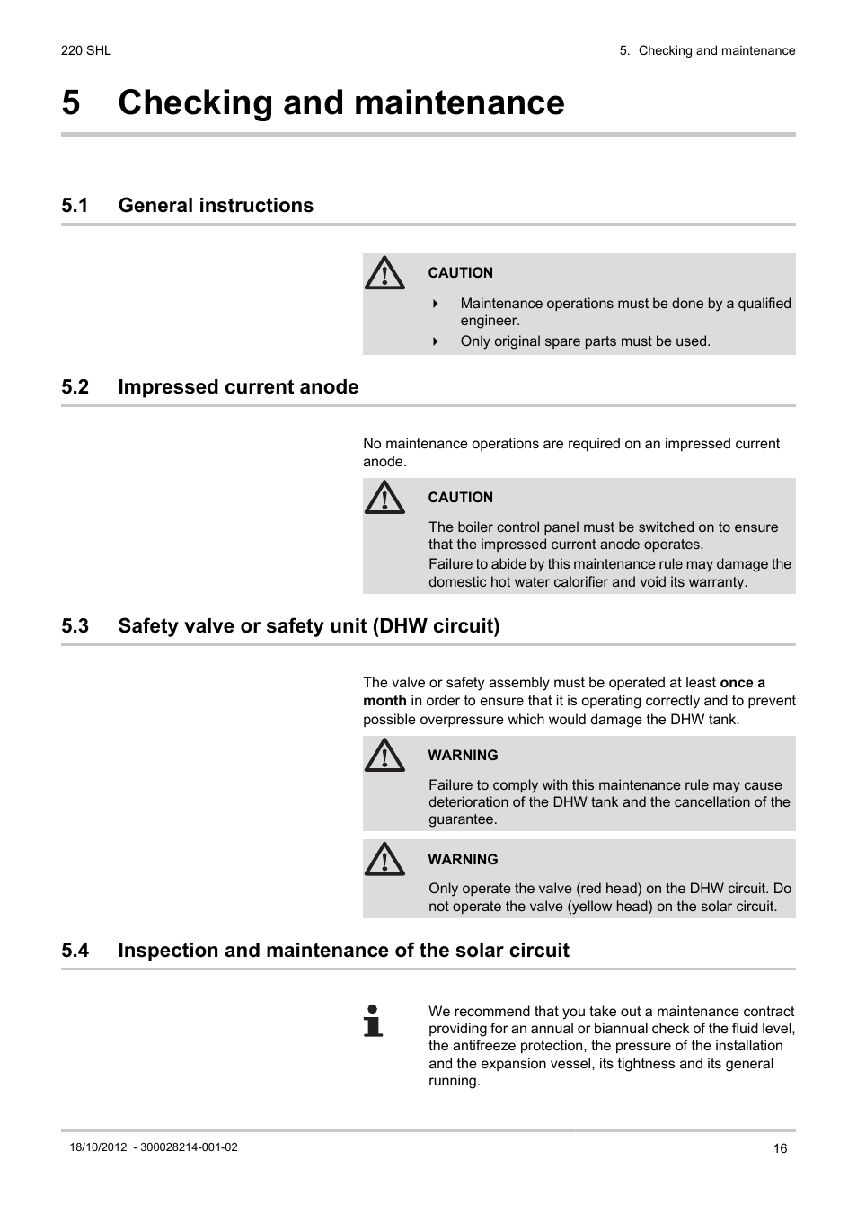 Checking and maintenance, General instructions, Impressed current anode | Safety valve or safety unit (dhw circuit), Inspection and maintenance of the solar circuit, 5 checking and maintenance, 1 general instructions, 2 impressed current anode, 3 safety valve or safety unit (dhw circuit), 4 inspection and maintenance of the solar circuit | DE DIETRICH 220 SHL User Manual | Page 17 / 24
