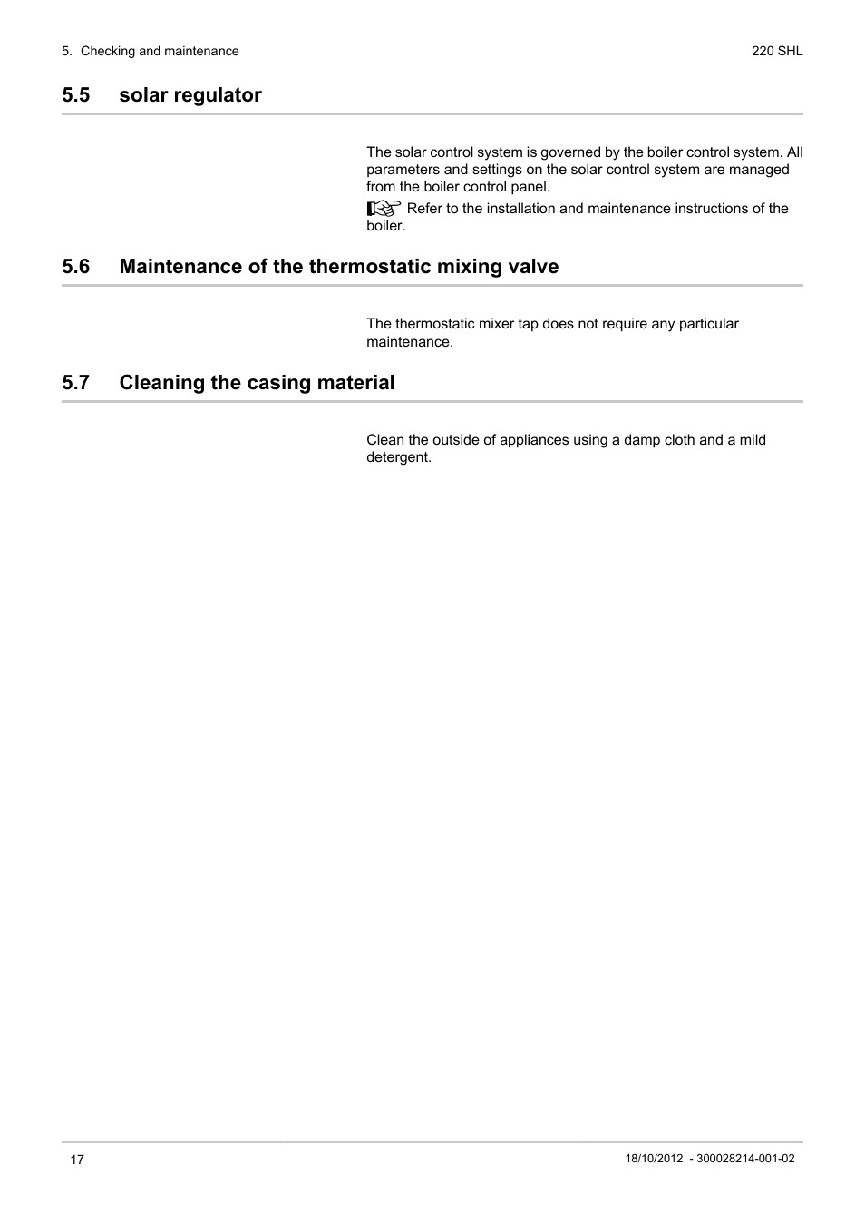 Solar regulator, Maintenance of the thermostatic mixing valve, Cleaning the casing material | 5 solar regulator, 6 maintenance of the thermostatic mixing valve, 7 cleaning the casing material | DE DIETRICH 220 SHL User Manual | Page 18 / 24