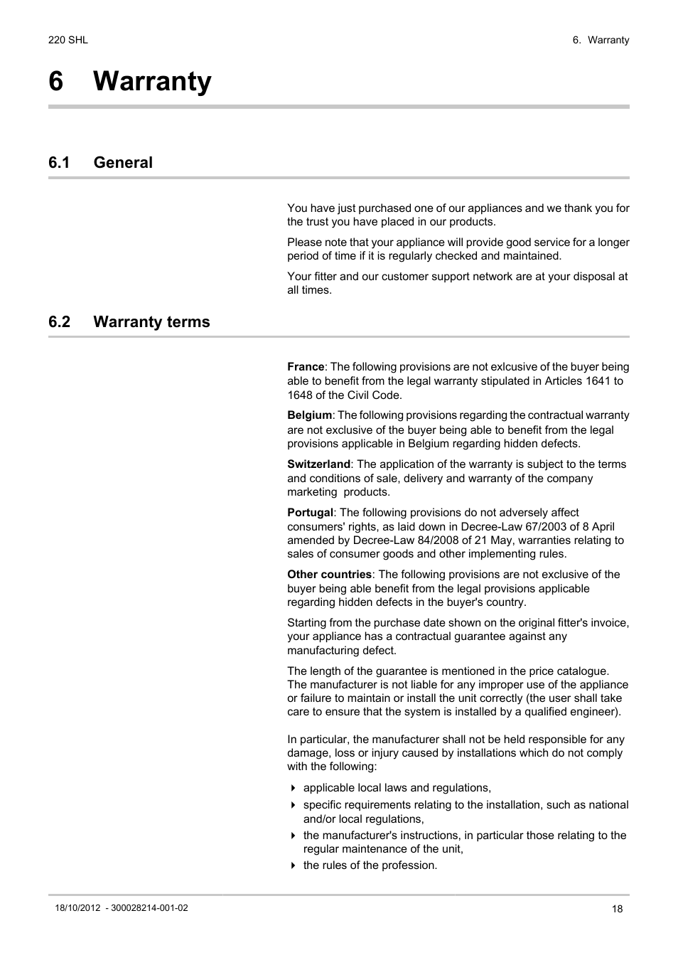 Warranty, General, Warranty terms | 6 warranty, 1 general, 2 warranty terms | DE DIETRICH 220 SHL User Manual | Page 19 / 24