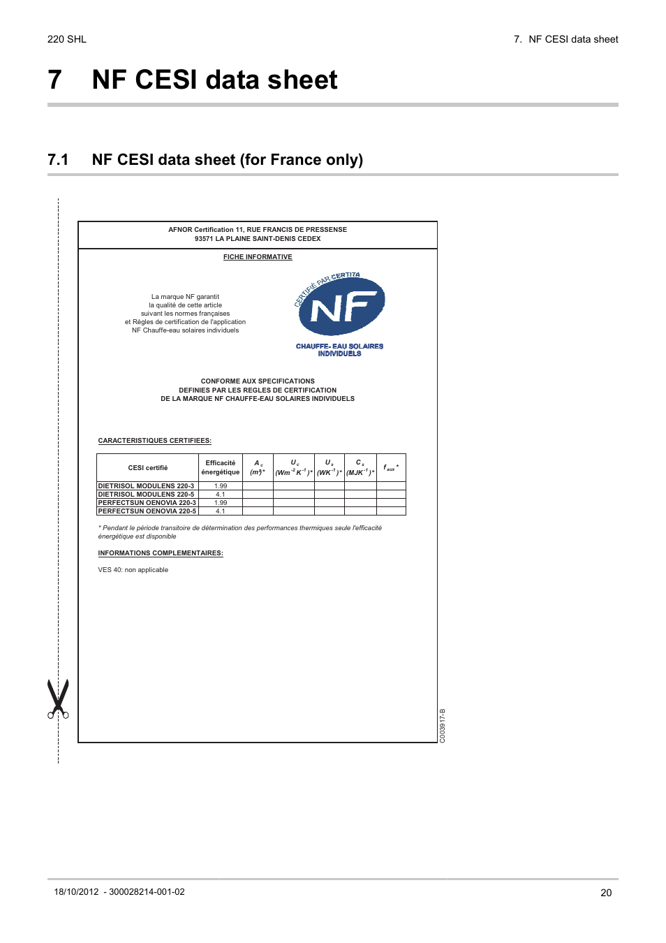 Nf cesi data sheet, Nf cesi data sheet (for france only), 7 nf cesi data sheet | 1 nf cesi data sheet (for france only), 220 shl 7. nf cesi data sheet | DE DIETRICH 220 SHL User Manual | Page 21 / 24