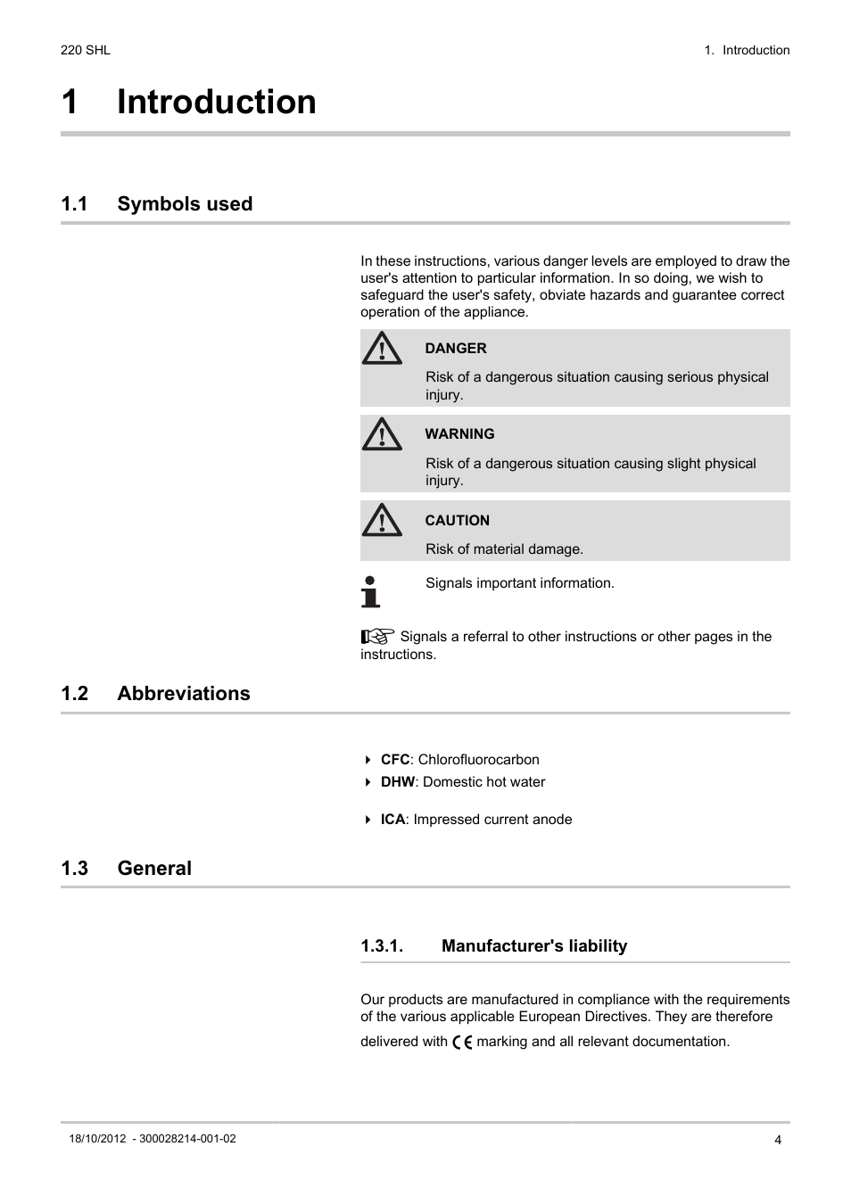 Introduction, Symbols used, Abbreviations | General, Manufacturer's liability, 1 introduction, 1 symbols used, 2 abbreviations, 3 general | DE DIETRICH 220 SHL User Manual | Page 5 / 24