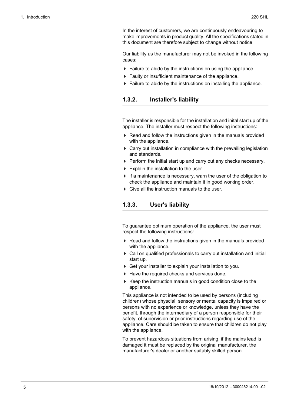 Installer's liability, User's liability | DE DIETRICH 220 SHL User Manual | Page 6 / 24