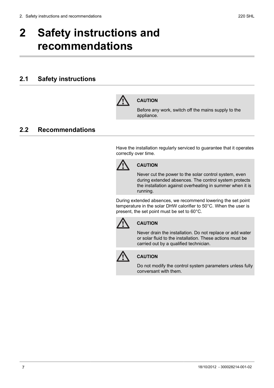 Safety instructions and recommendations, Safety instructions, Recommendations | 2 safety instructions and recommendations, 1 safety instructions, 2 recommendations | DE DIETRICH 220 SHL User Manual | Page 8 / 24